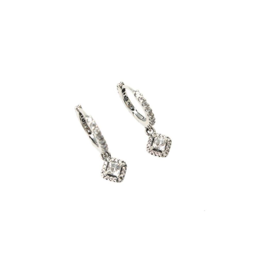 Pandora Womens 925 Silver Cubic Zirconia Pave Square Sparkle Drop Huggies